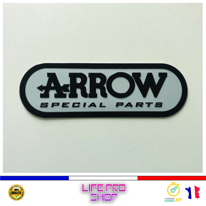 Autocollant Aluminium ARROW Blanc (13,5 x 4,3cm) Haute Température Stickers Echappement Moto